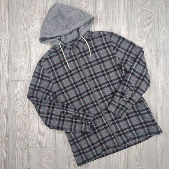 Bixby Nomad Maverick Hooded Lined Flannel Shirt Men’s Size Small Grey Red - Picture 1 of 10